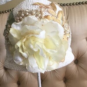 EC Exclusive Bridal Hat Ivory Gold Floral Lace Cloche Wedding Headpiece